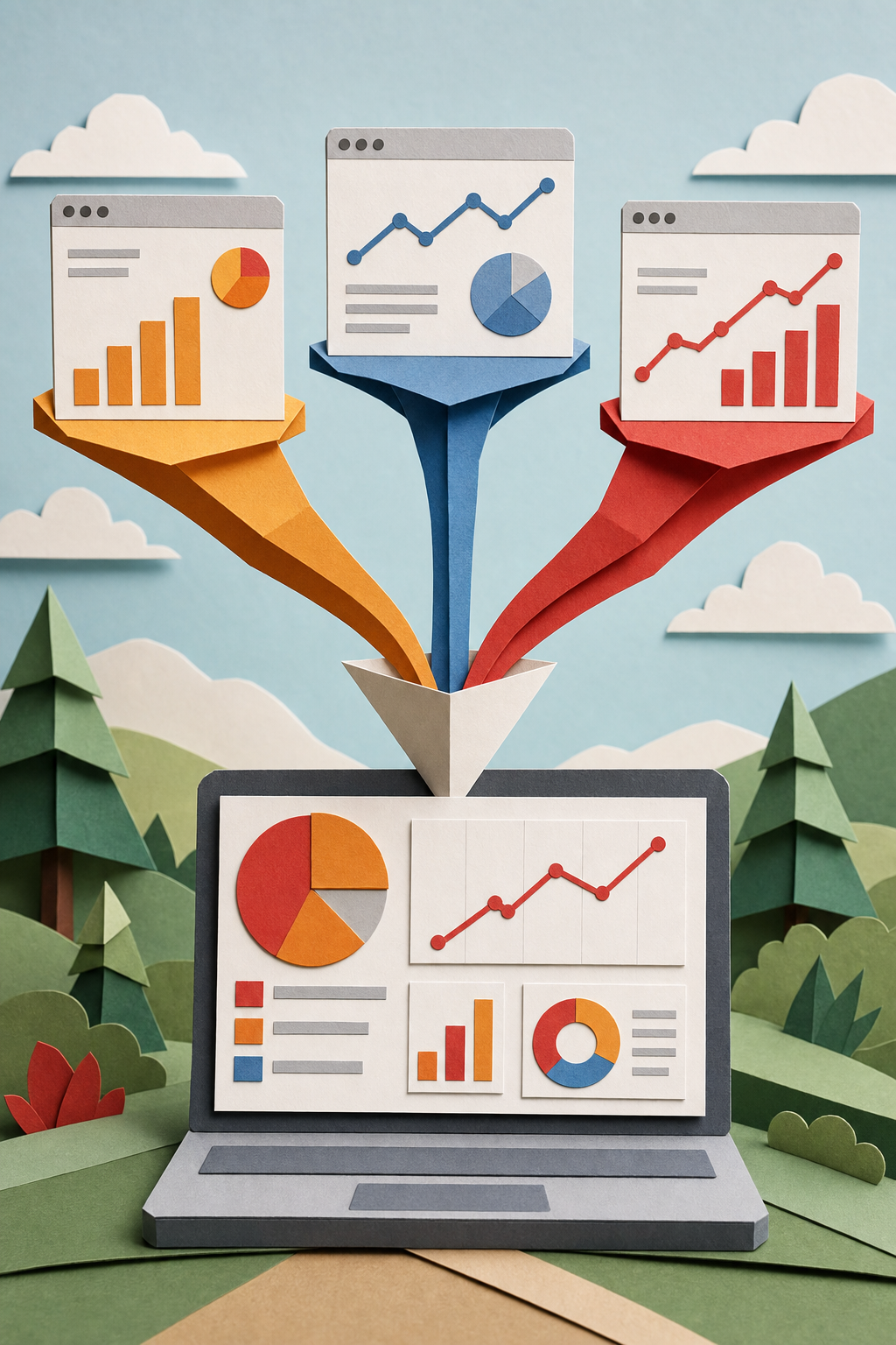 A papercraft style illustration of data streams flowing from Google Analytics, Search Console, and a rank‑tracker into a