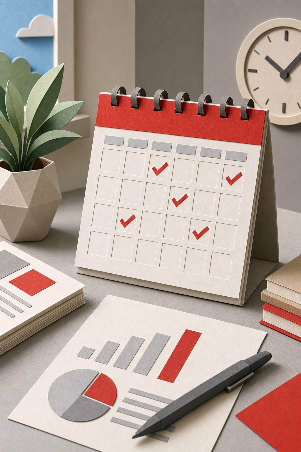 A papercraft illustration of a calendar with checkmarks on scheduled report dates, alt: 