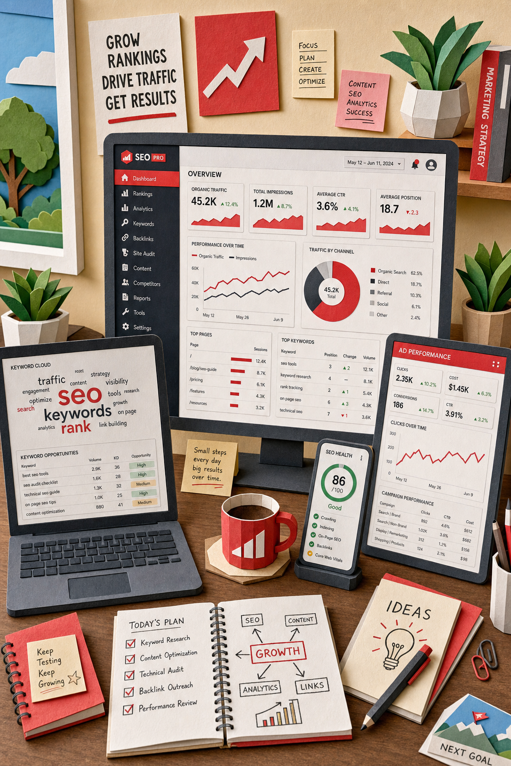 Comprehensive SEO platform all‑in‑one marketing dashboard illustration