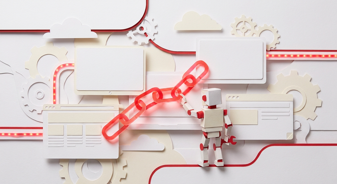 AI-powered dofollow backlinks system illustrated in papercraft style.