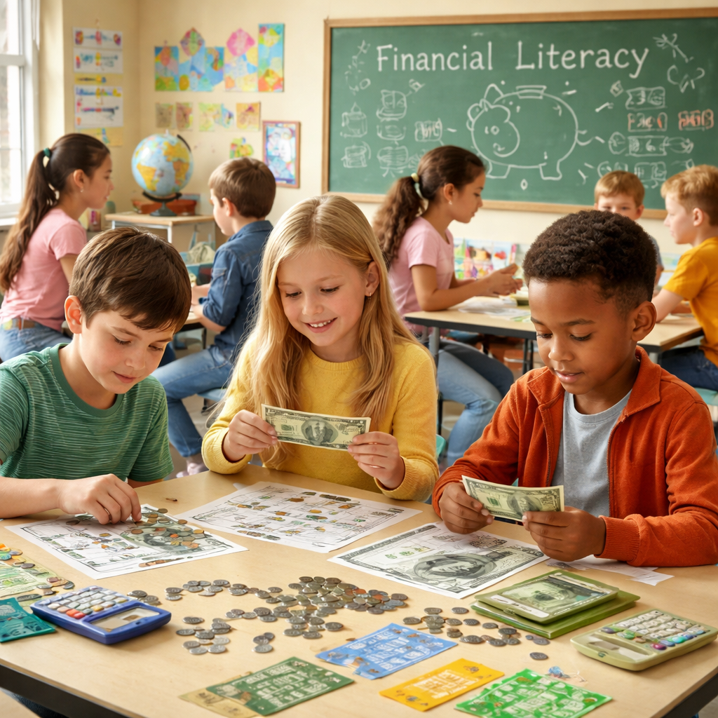 A realistic classroom scene where students handle play money, count coins, and discuss prices, alt: students learning fi