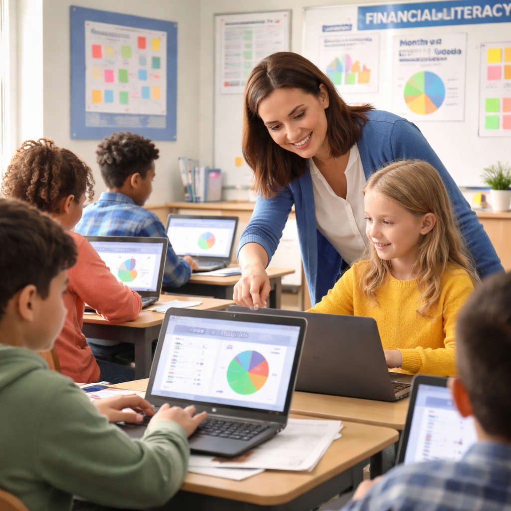 A realistic image of a teacher guiding students through a budgeting simulation on laptops, alt: classroom financial lite