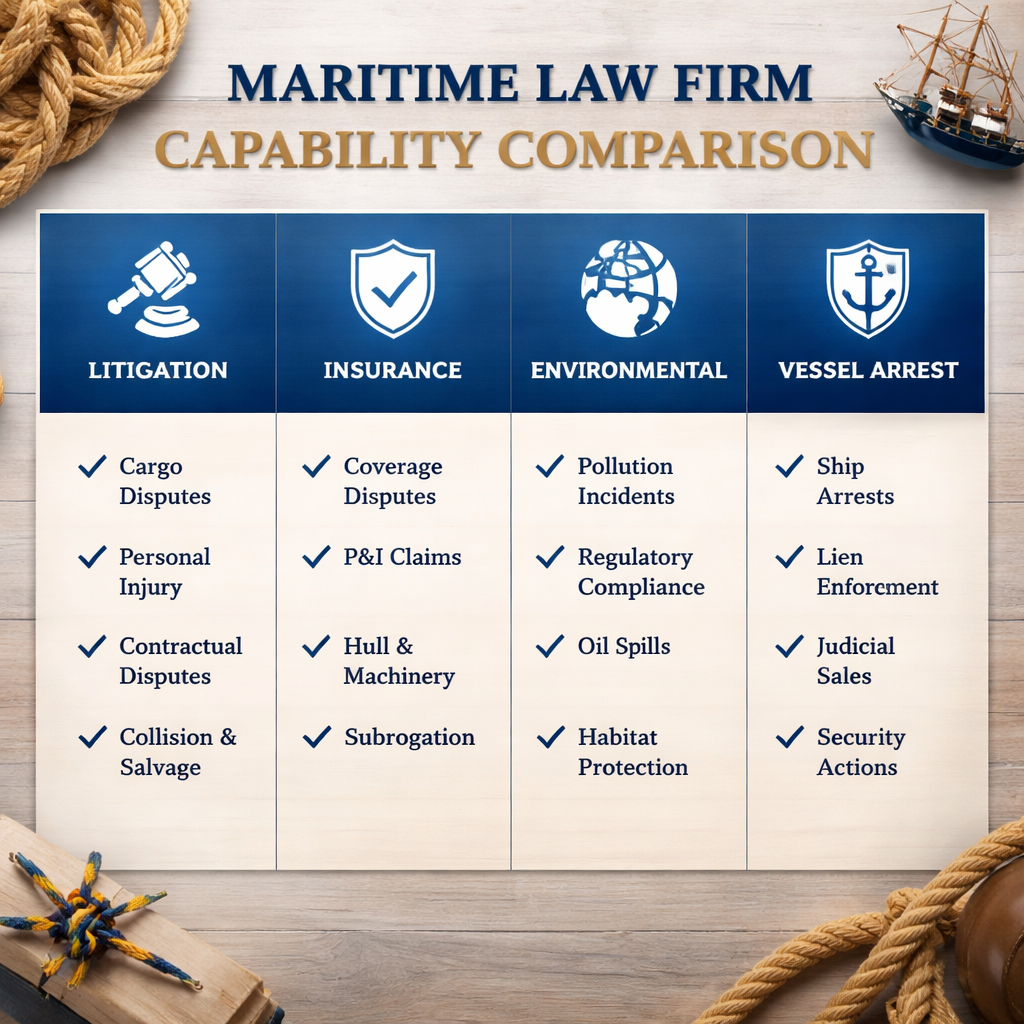 A photorealistic comparison chart showing a maritime law firm’s capabilities ,  litigation, insurance, environmental, an