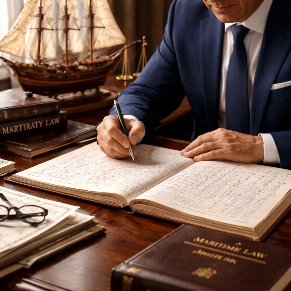 A photorealistic scene of a lawyer reviewing ship logs on a desk, with a model ship and legal books, alt: maritime lawye