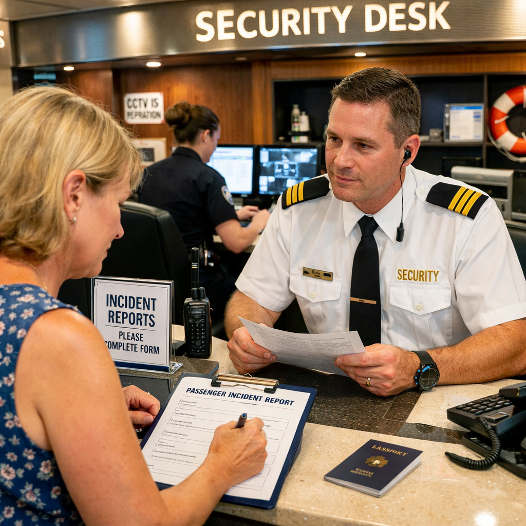 A photorealistic scene of a cruise ship security desk where a passenger is filing an incident report, alt: cruise ship i