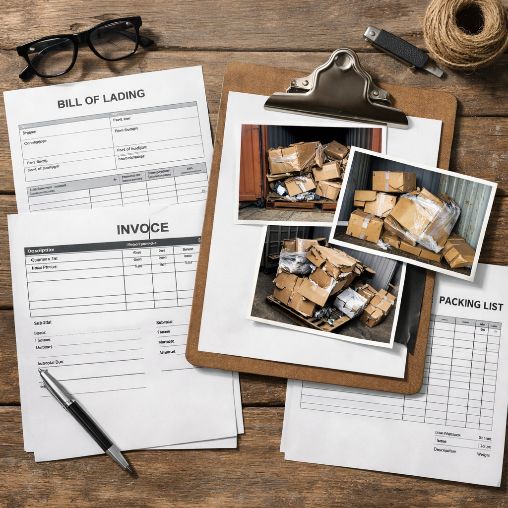 Documents needed for cargo damage claim evidence collection including bill of lading and photos.