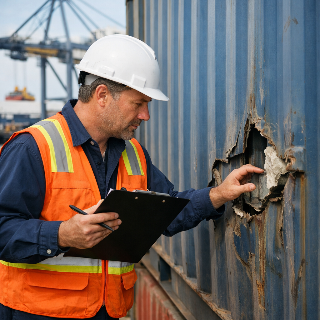 Marine surveyor inspecting damaged cargo container during marine insurance claim process.