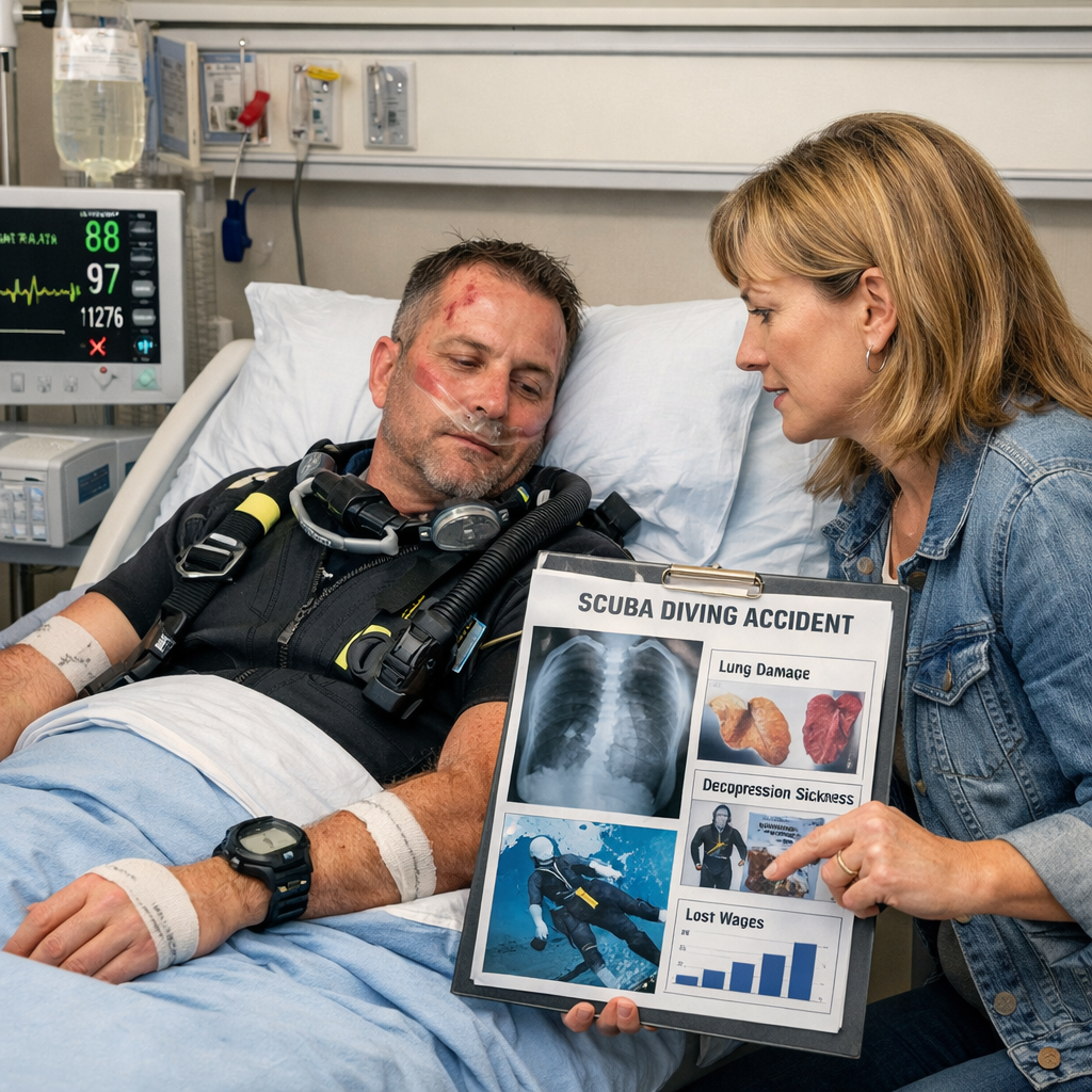 Scuba diving accident victim recovering in hospital, medical damages and lost wages.