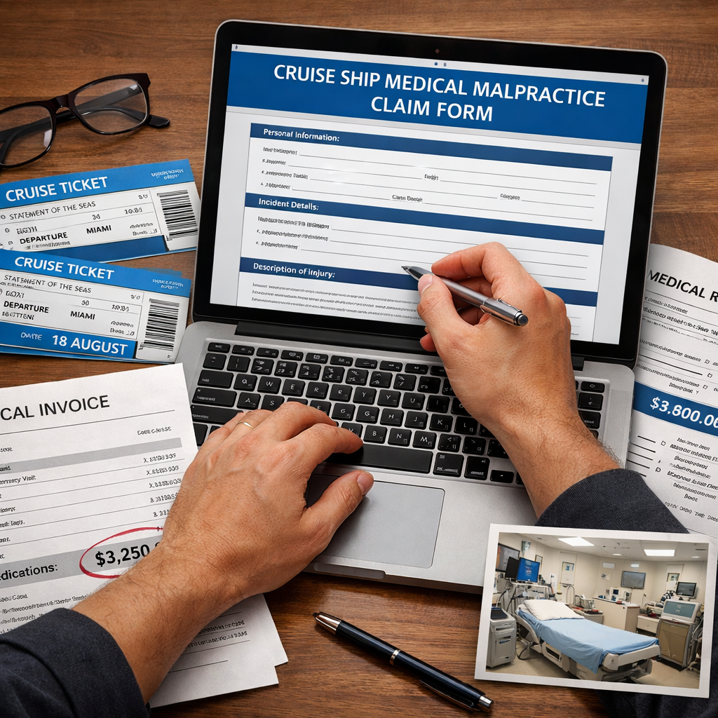cruise ship medical malpractice claim preparation with documents and laptop