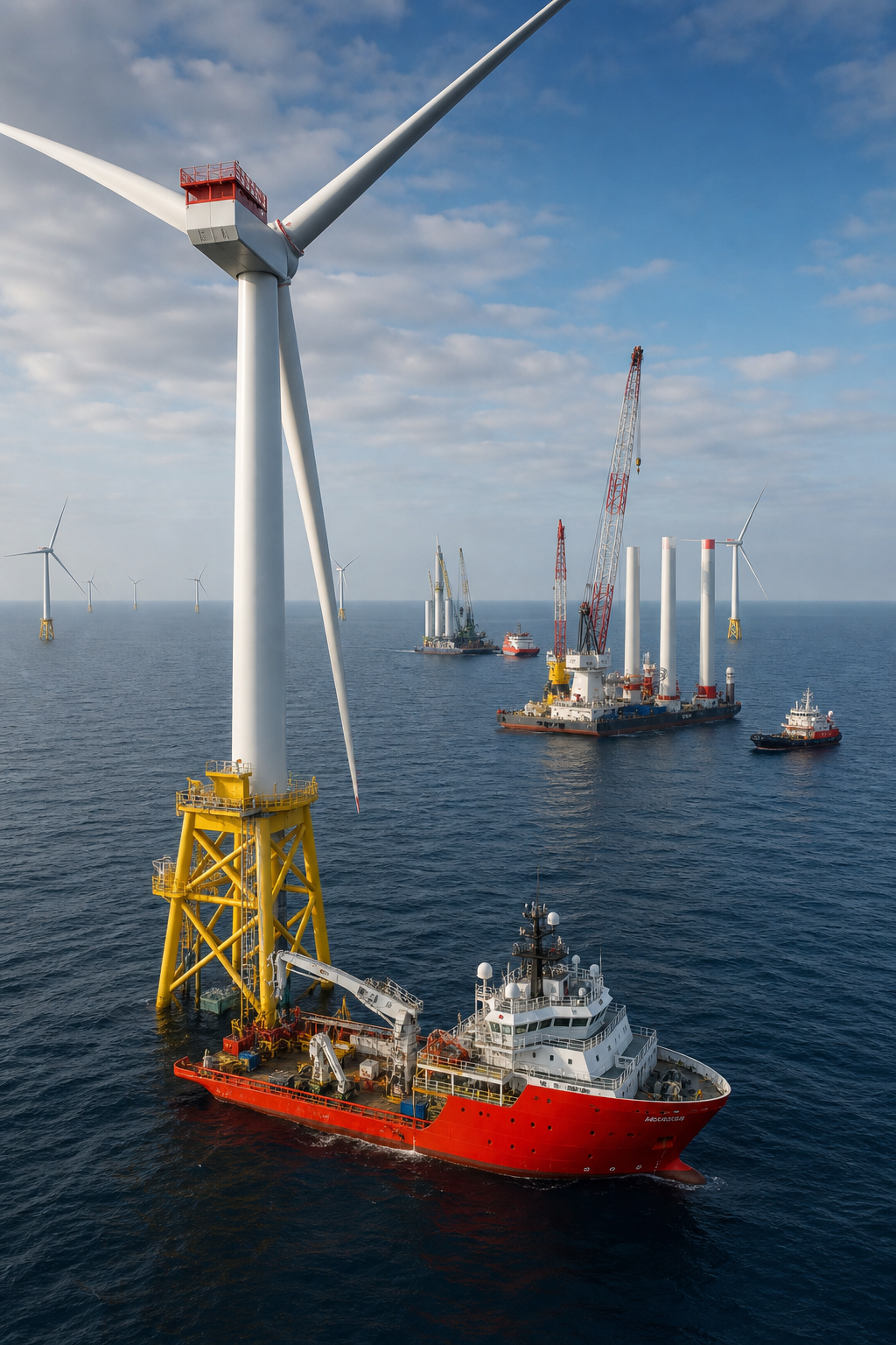 A photorealistic illustration of an offshore wind farm under construction, with turbines, support vessels, and a distant