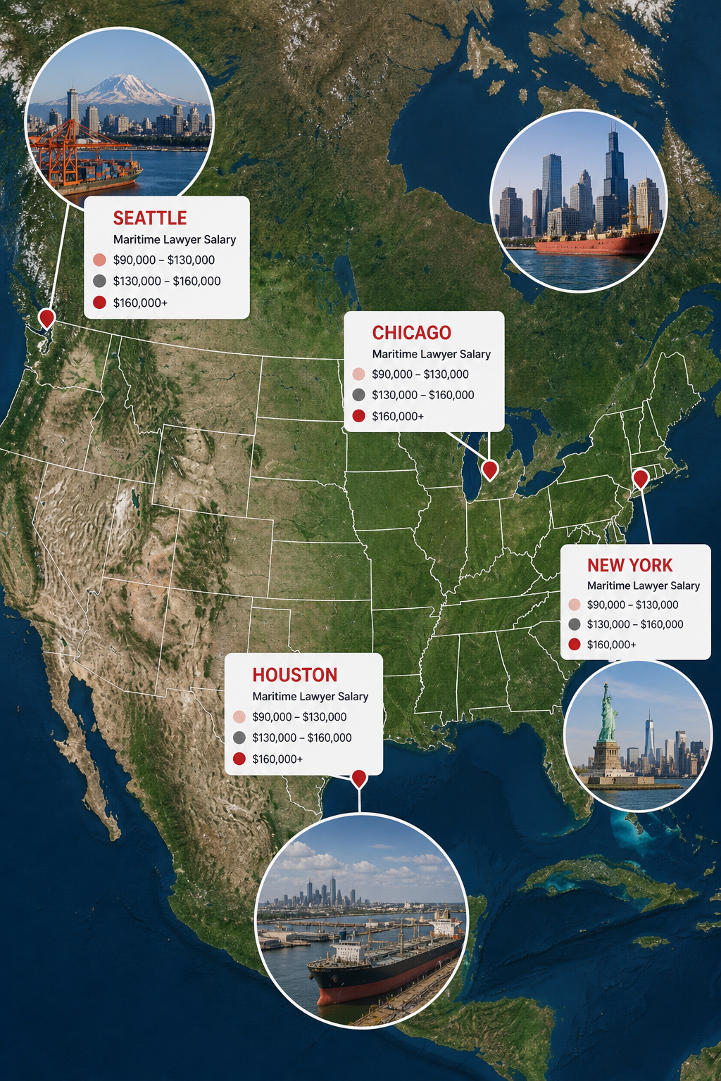 US map showing maritime lawyer salary by city