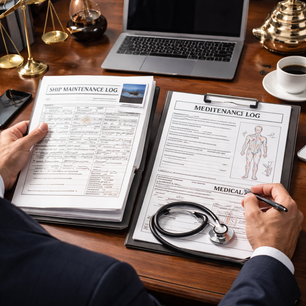 A photorealistic illustration of a lawyer reviewing a ship’s maintenance log and a medical chart side by side, alt: admi