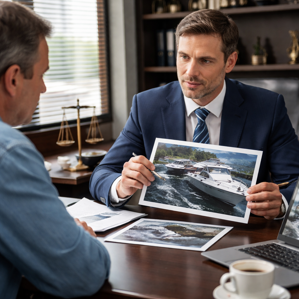 A photorealistic image of a confident attorney reviewing boat crash evidence with a client at a desk, alt: boat accident