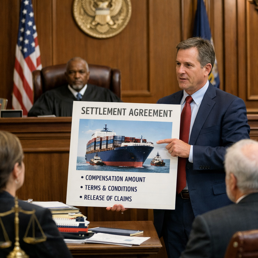 A photorealistic scene of a courtroom with a maritime lawyer presenting a settlement agreement, alt: maritime lawyer new