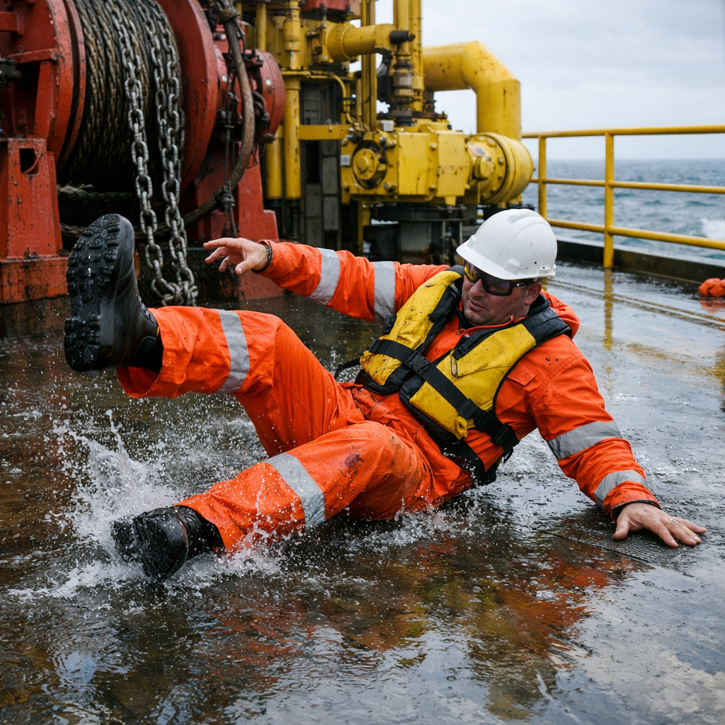 Common offshore rig accident scene showing slippery deck and heavy equipment.