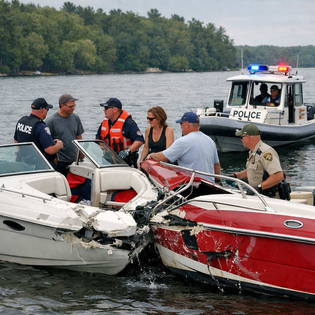 Boat accident scene showing collision between two boats, authorities investigating.