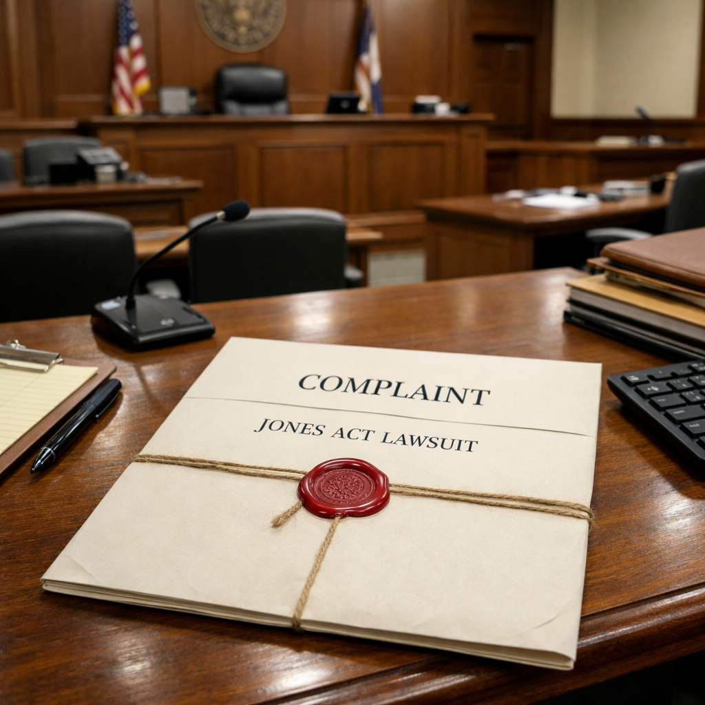 A photorealistic view of a courtroom with a sealed legal document titled 