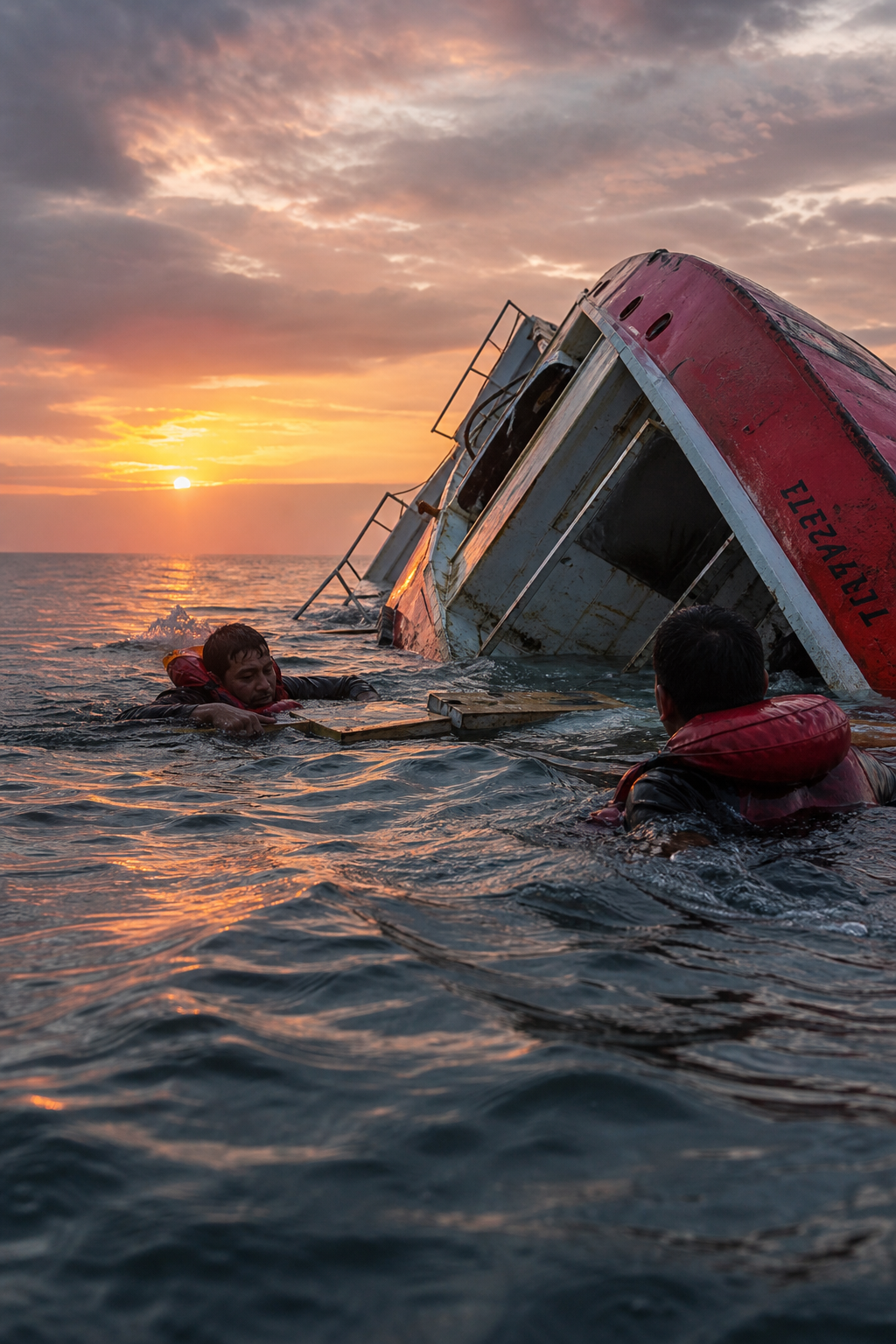 A photorealistic scene of a capsized vessel on choppy water, crew clinging to debris, sunrise backdrop.