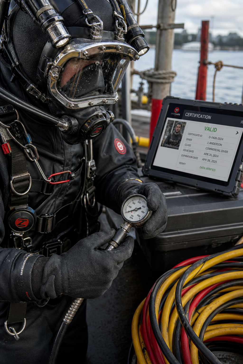 diver performing equipment inspection with digital verification tools.