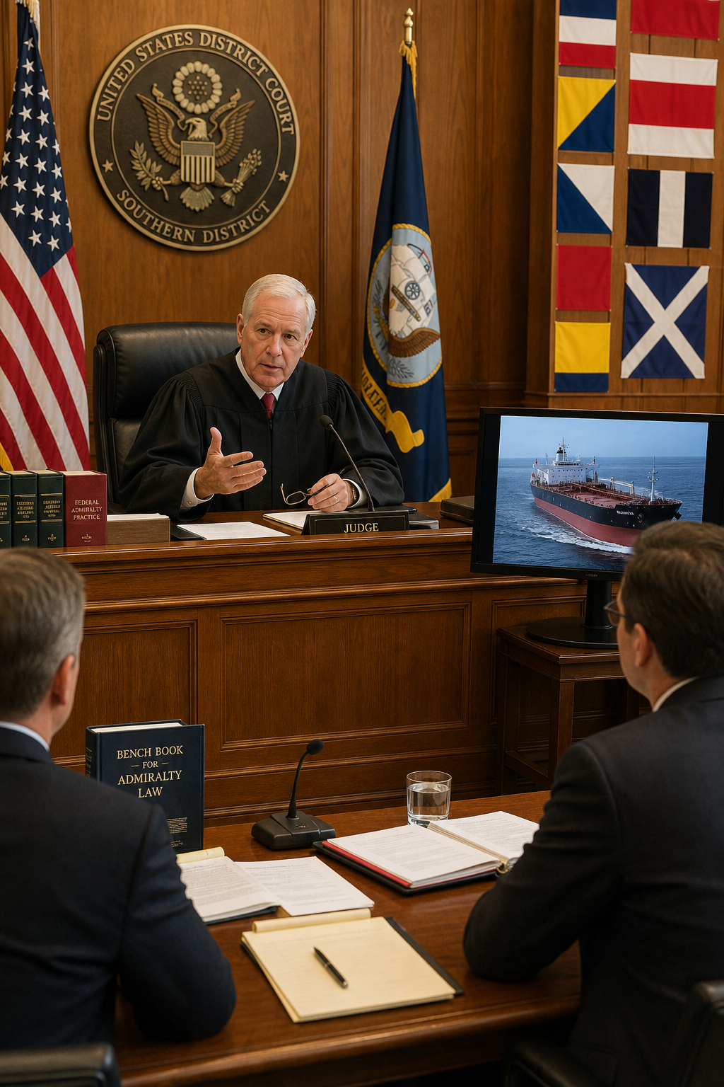 maritime law versus common law courtroom illustration