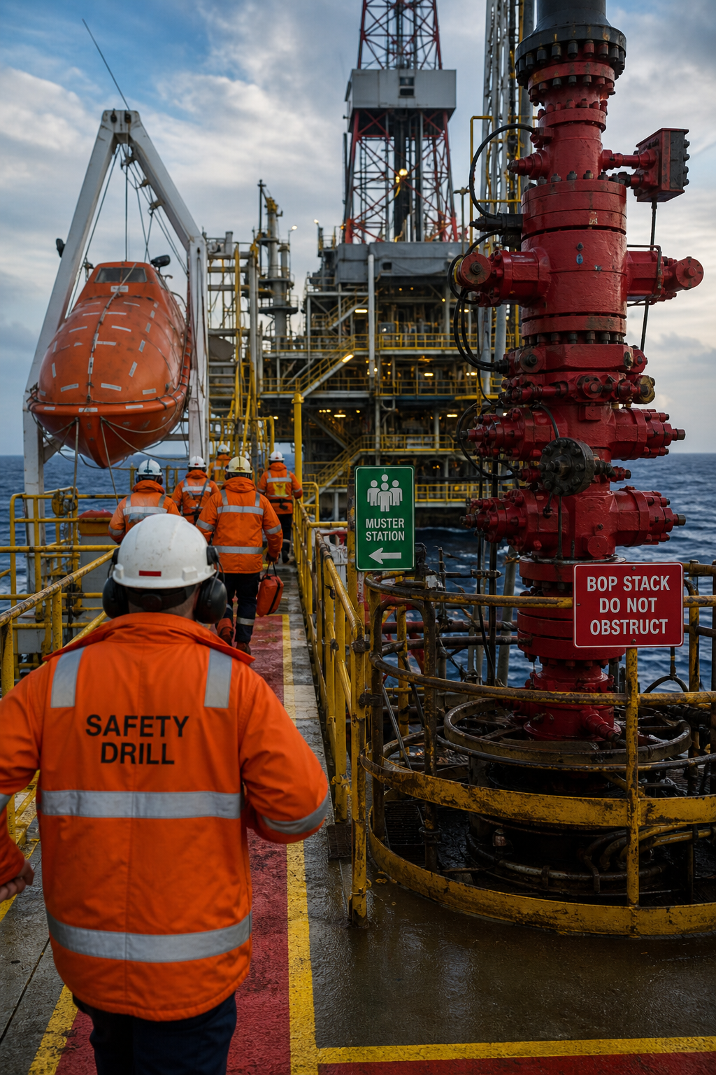 offshore rig safety drill illustration