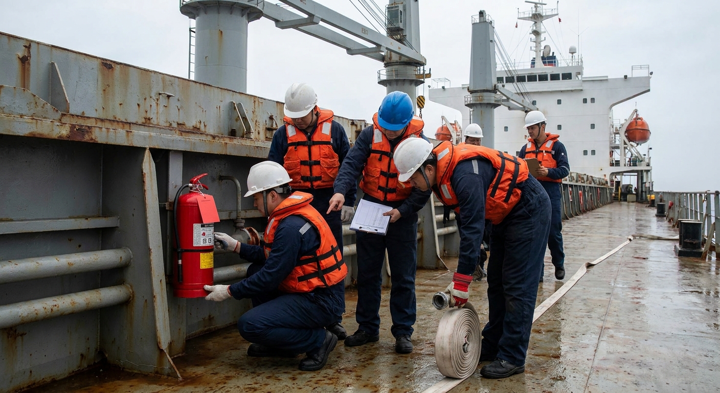 maritime safety drill on deck.