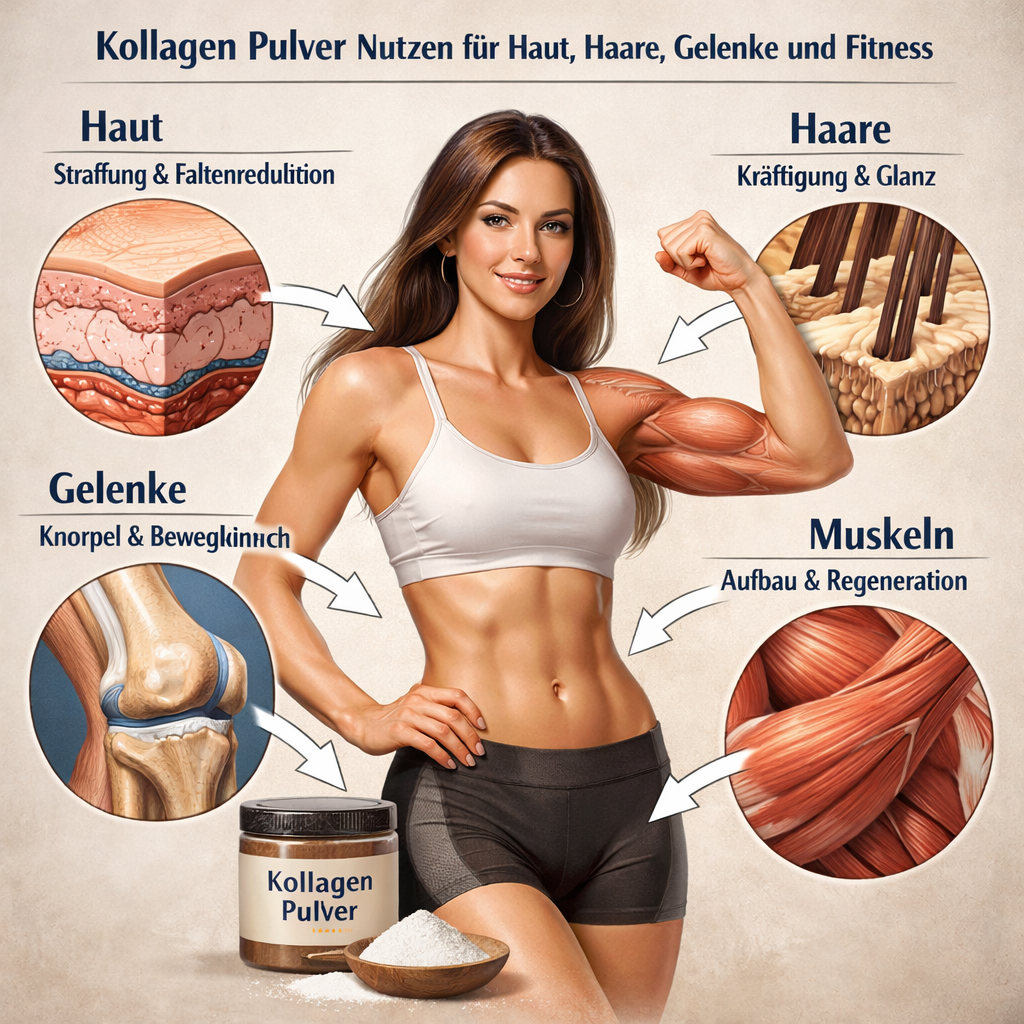 Kollagen Pulver Nutzen für Haut, Haare, Gelenke und Fitness.