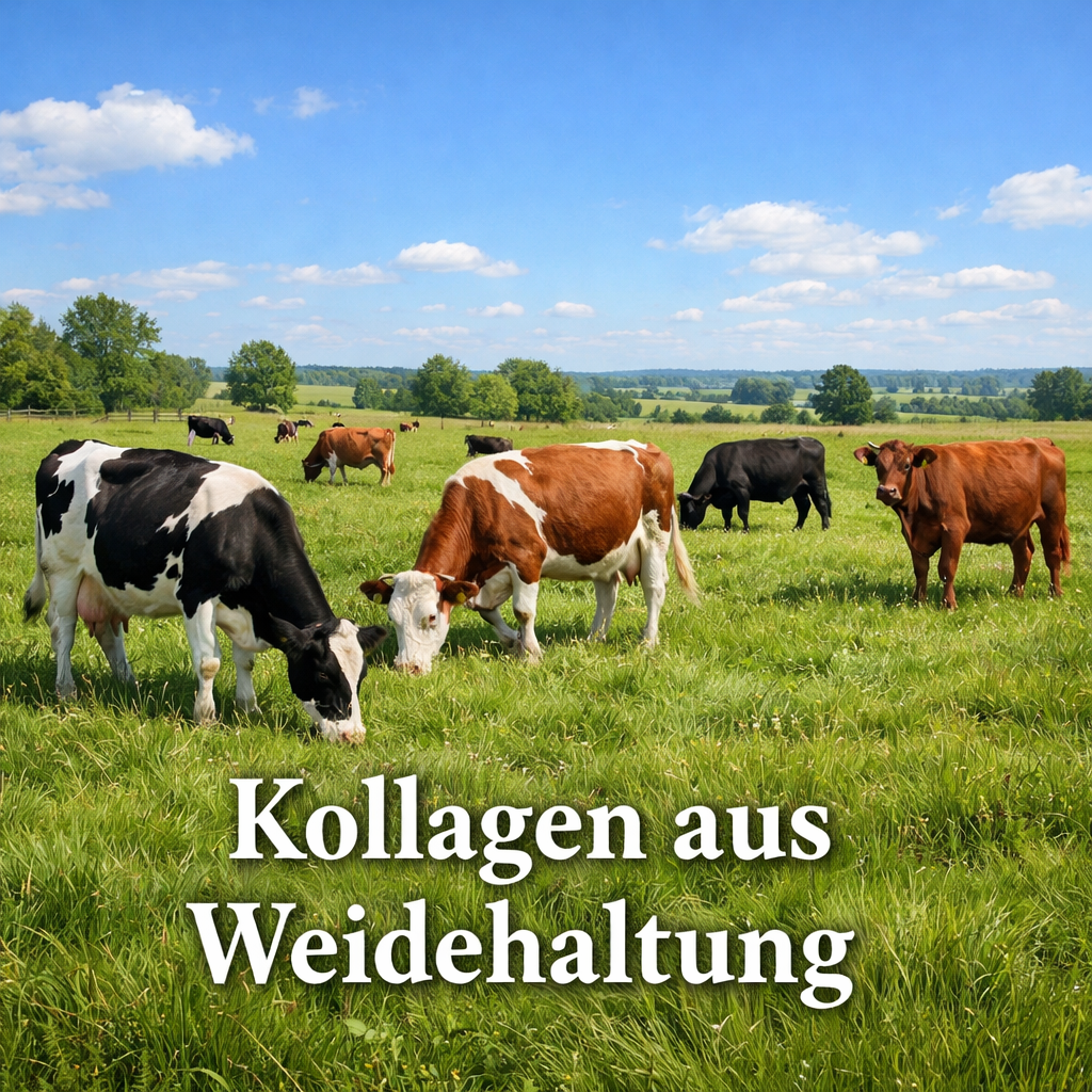 A realistic illustration of a natural pasture with grazing cattle, showing healthy grass and bright sky, alt: Kollagen a