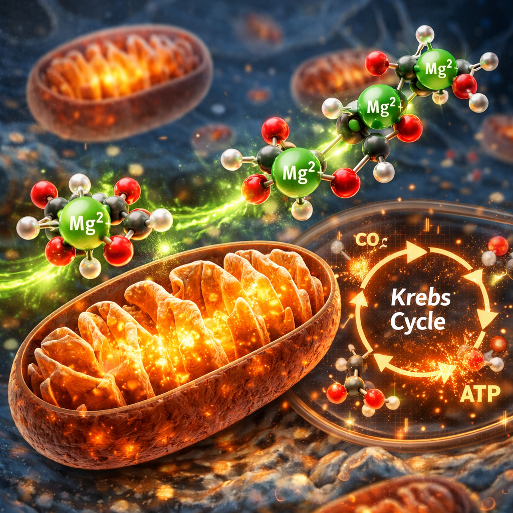A realistic illustration of mitochondria glowing with energy, showing magnesium malate molecules fueling the Krebs cycle