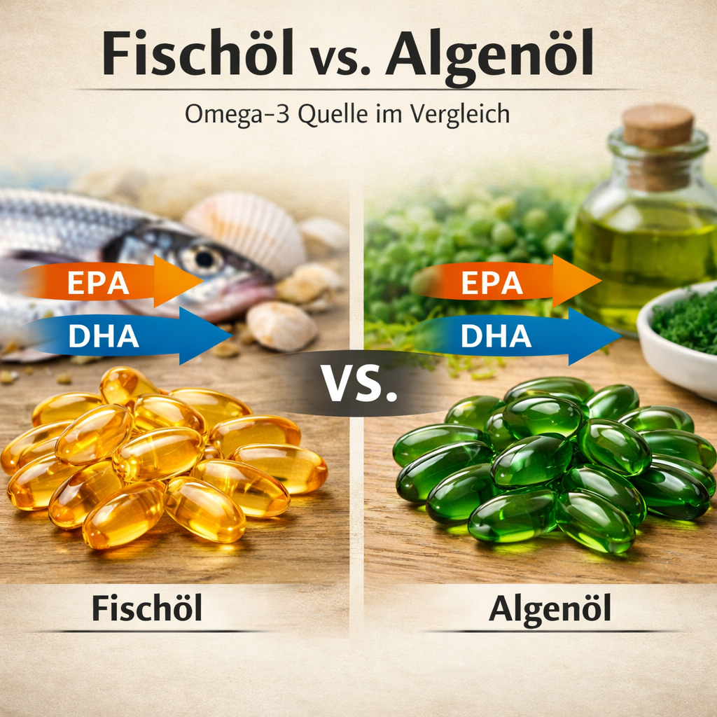Realistic comparison illustration showing fish oil capsules on one side and algae oil capsules on the other, with arrows