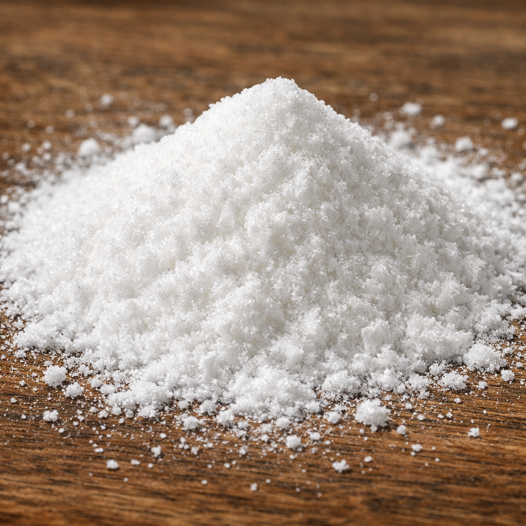 A realistic close‑up of micronized creatine crystals on a wooden surface, showing pure powder without additives, alt: Cr