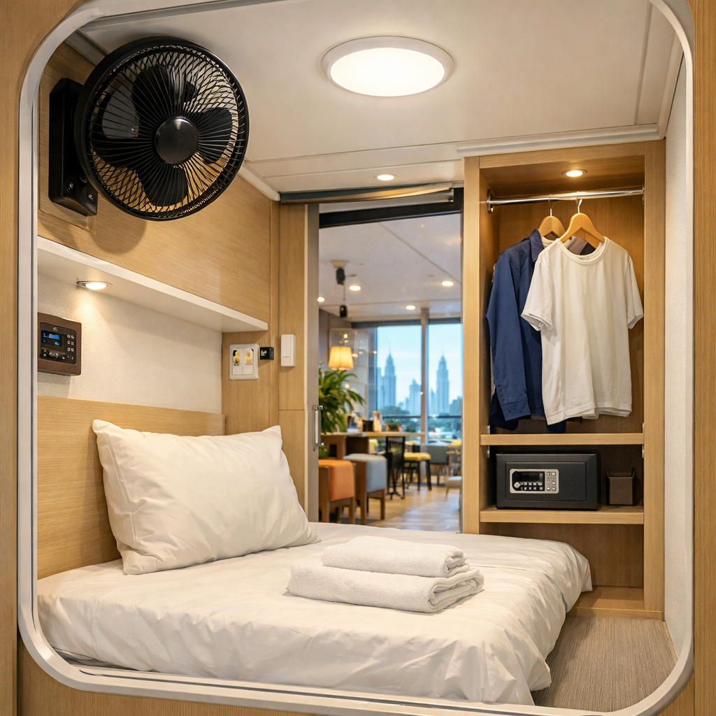 A realistic view of a modern capsule interior with a fan, light, and small wardrobe, set in a bright hostel lounge, alt: