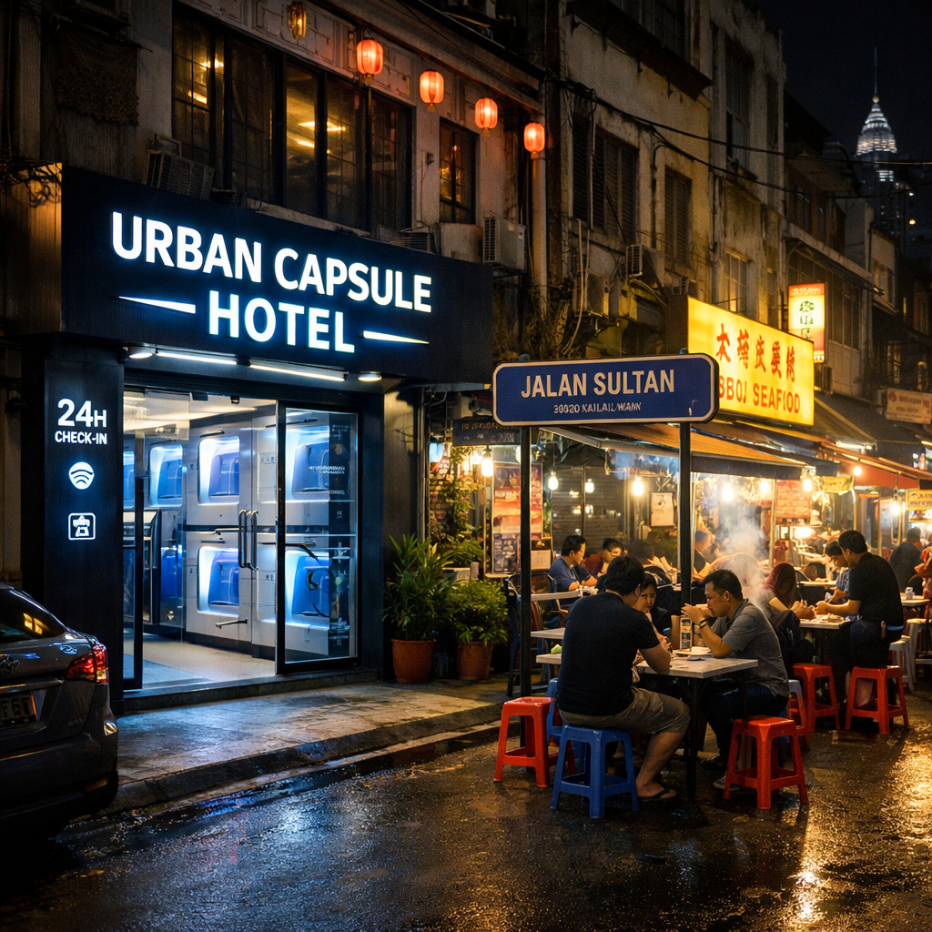 A realistic night‑time street view of Jalan Sultan with illuminated capsule hotel entrance and nearby hawker stalls, alt