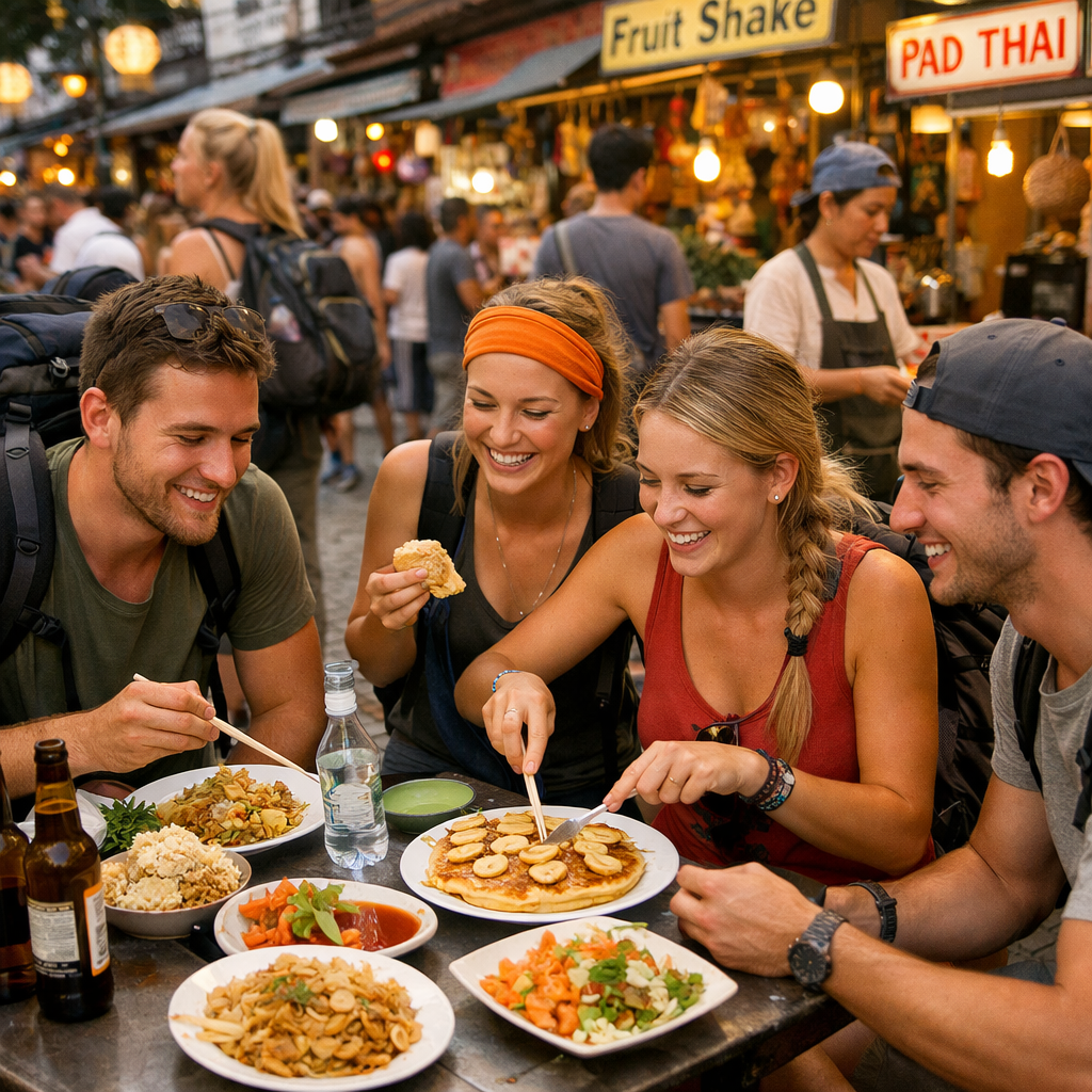 Realistic scene of backpackers sharing meals at a bustling market on the Banana Pancake Trail in Thailand, alt: banana p