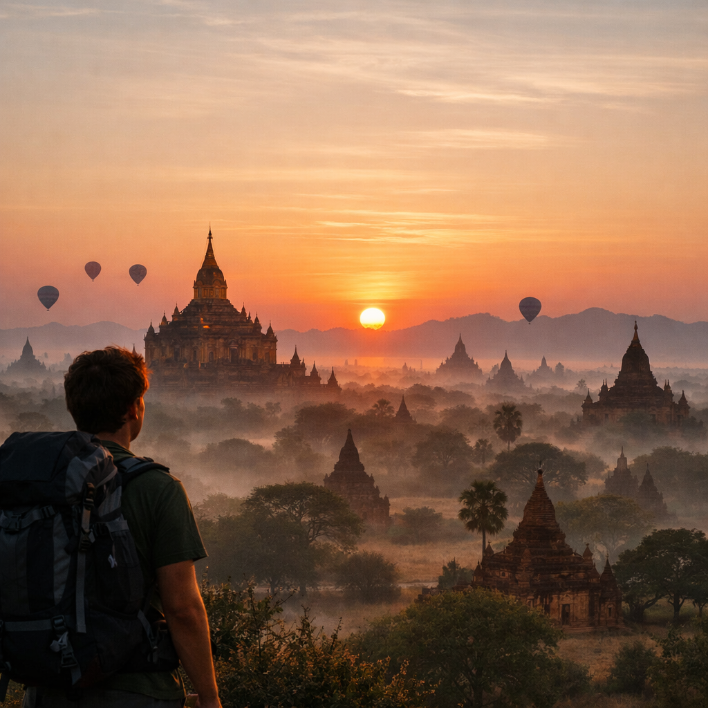 Realistic view of a sunrise over Bagan’s temple skyline, alt: Myanmar Bagan sunrise backpacking