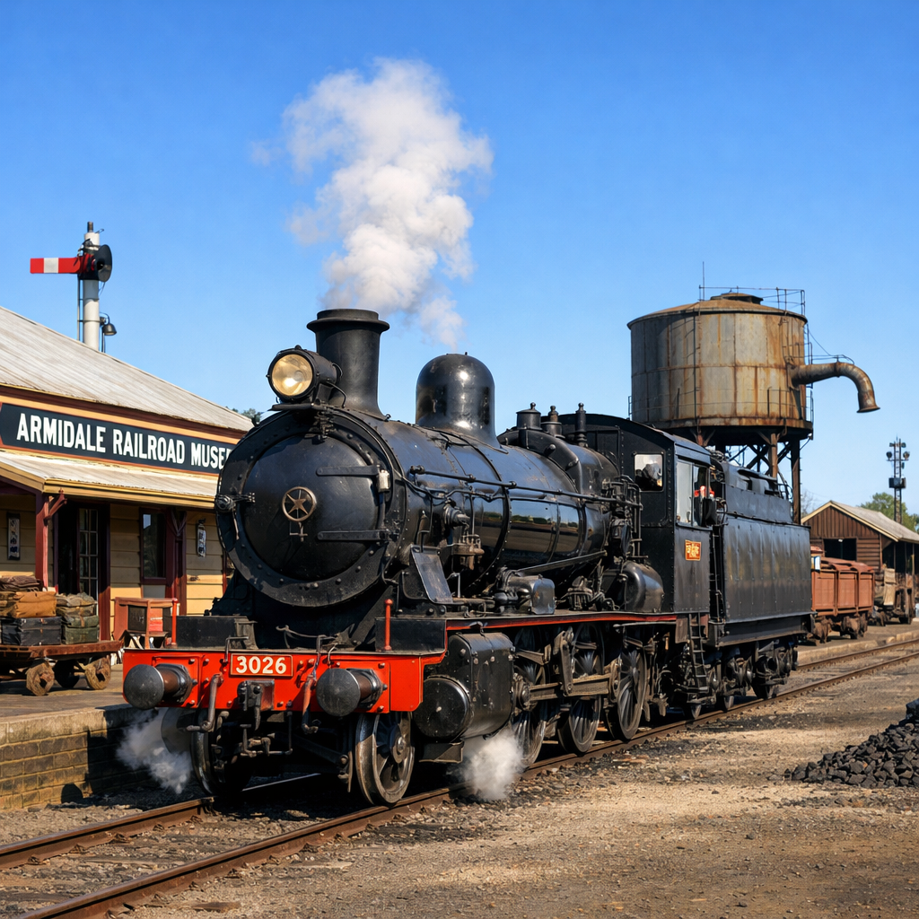A realistic view of the historic steam locomotive and vintage railway yard at the Armidale Railroad Museum, showing the