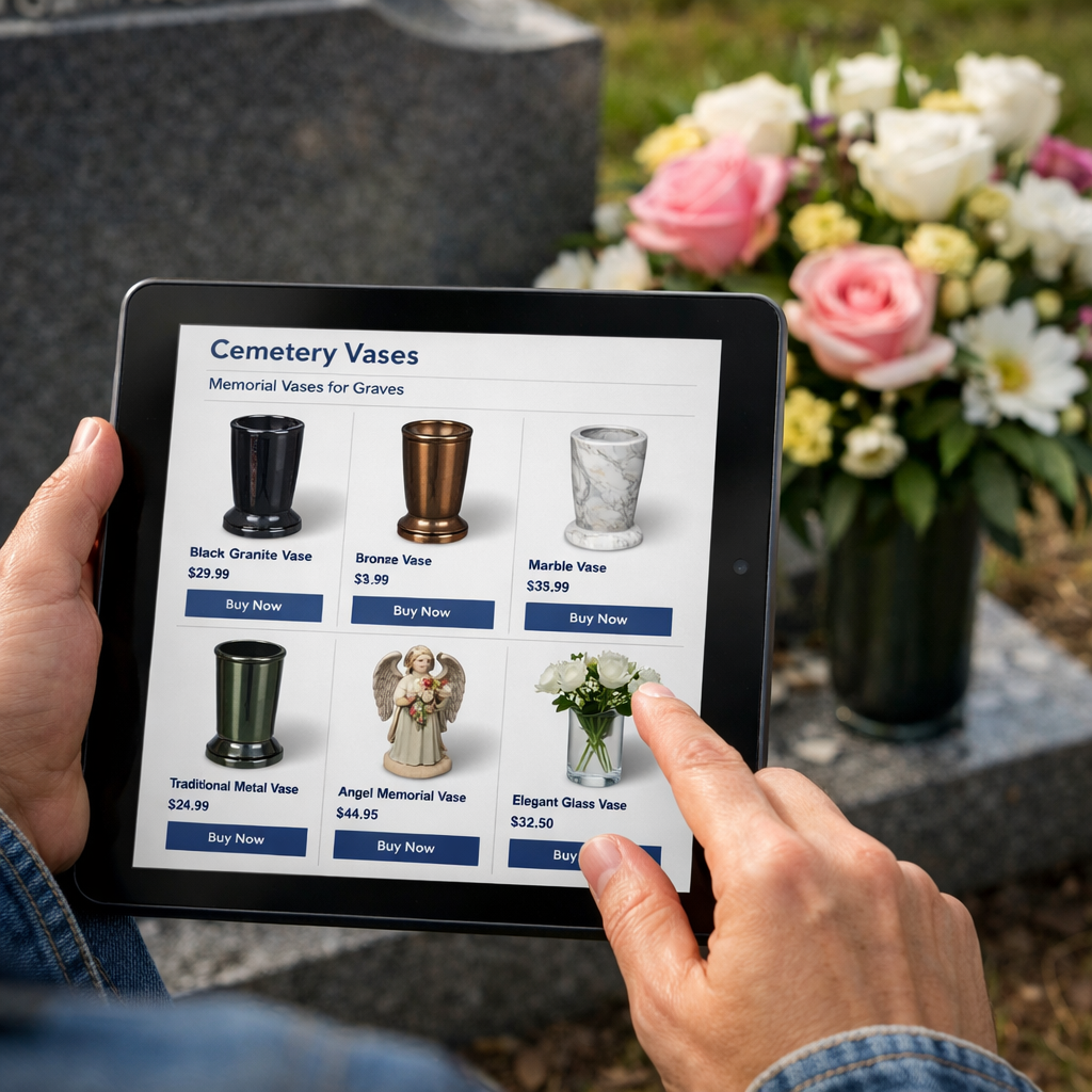 Buying a memorial pot for graves online.