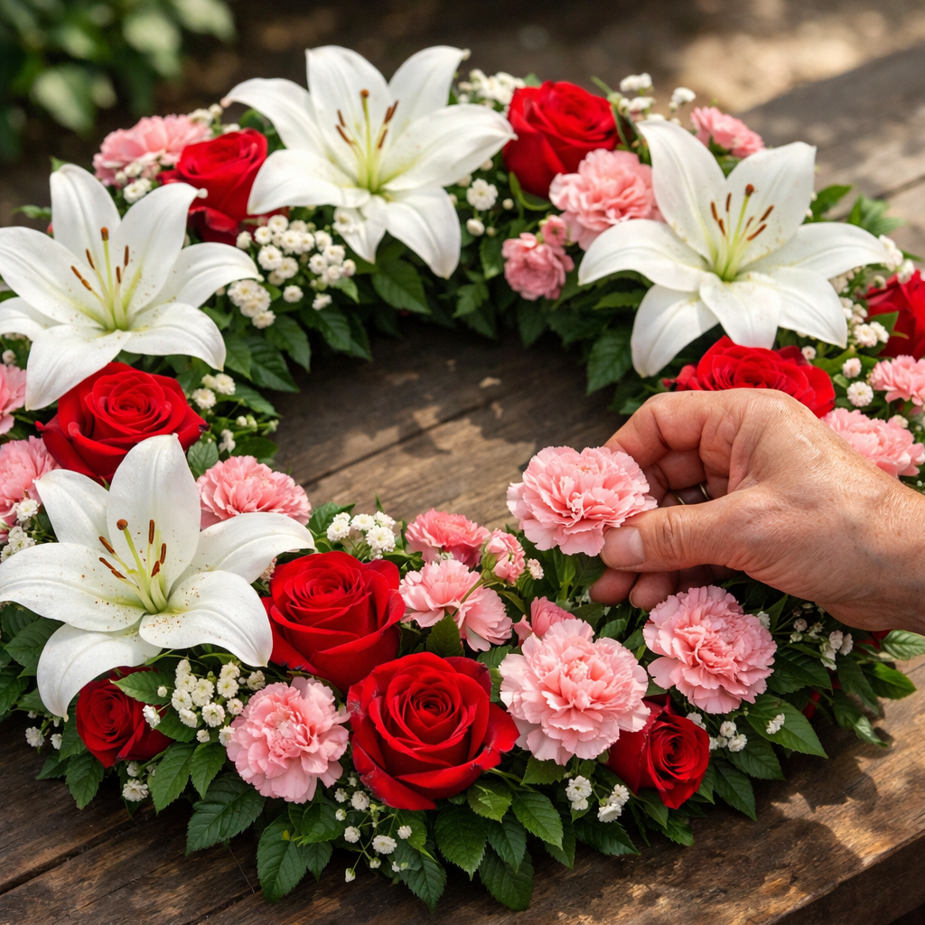 Selection of meaningful funeral flowers including lilies, roses, and carnations for personalised funeral flowers.