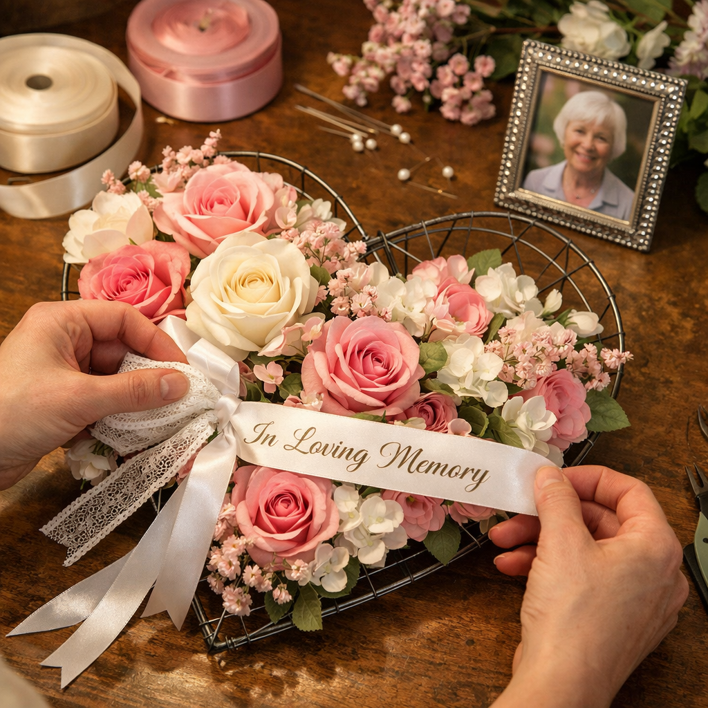 Florist customising personalised funeral flowers with ribbon and keepsakes.