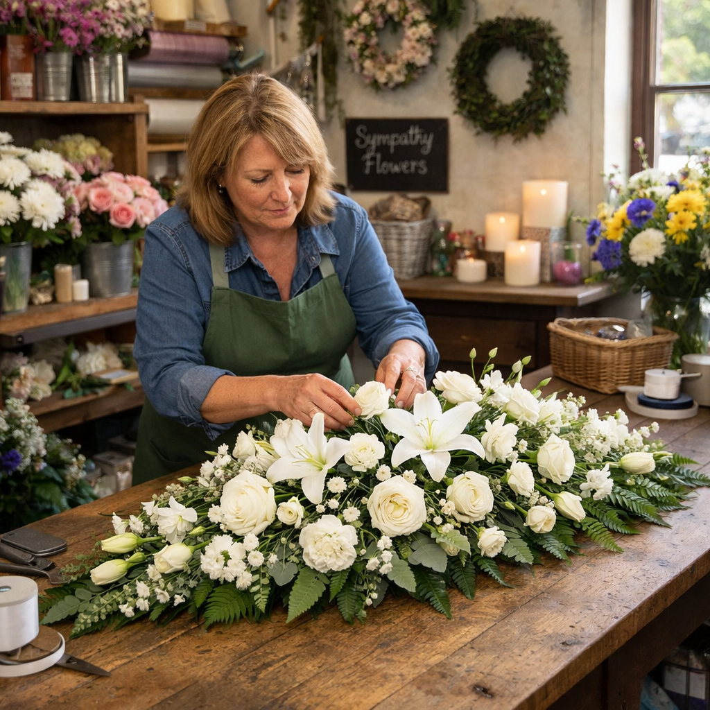 A cozy UK florist shop arranging a silk funeral spray, alt: local florist preparing funeral spray flowers