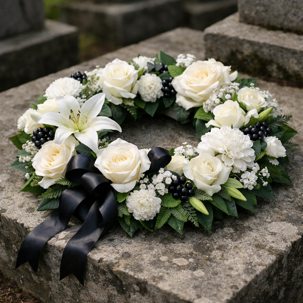 A realistic close‑up of a silk funeral wreath resting on a stone grave, soft lighting, realistic texture, alt: