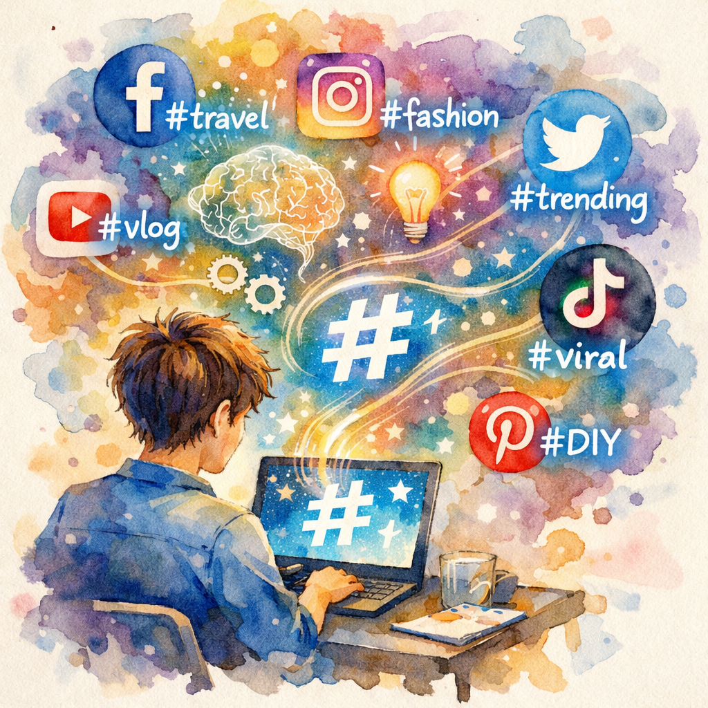 Watercolor style illustration of a creative mind generating hashtags across multiple social media icons, alt: AI hashtag