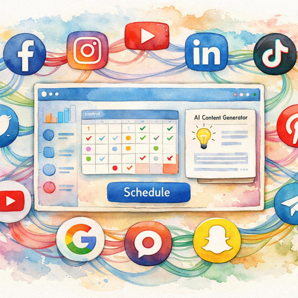 SocialLead unified dashboard for scheduling to 9 platforms with AI content generator.