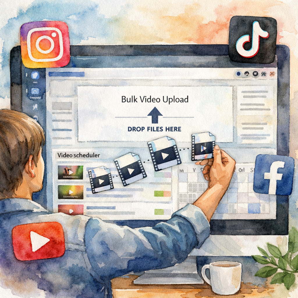 Bulk video upload social media publishing tool dashboard watercolor illustration