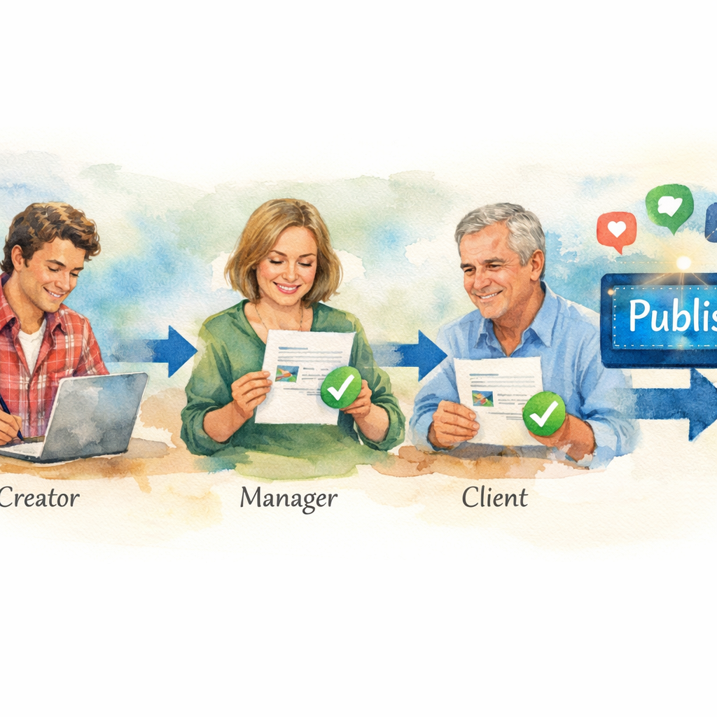 Multi-step approval workflow watercolor illustration for social media publishing tool