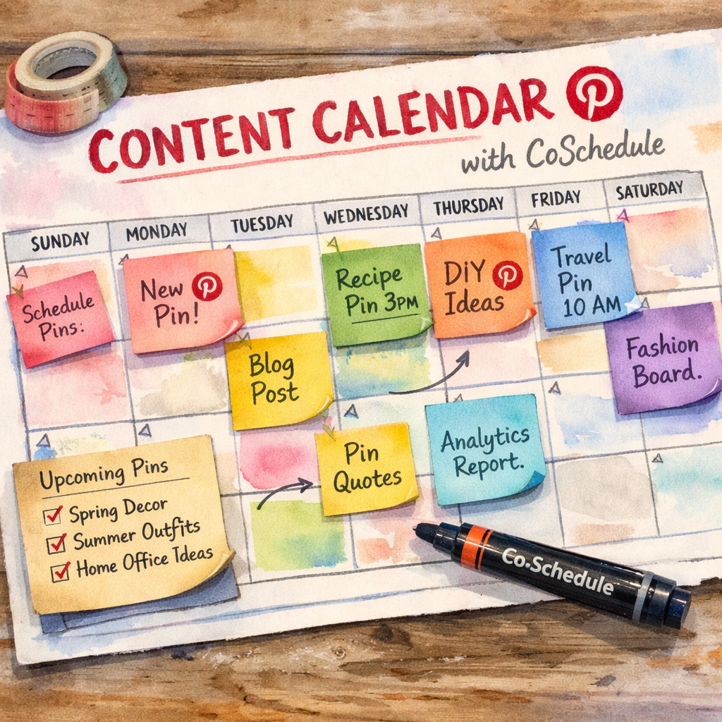 Content calendar for scheduling Pinterest pins with CoSchedule tool.