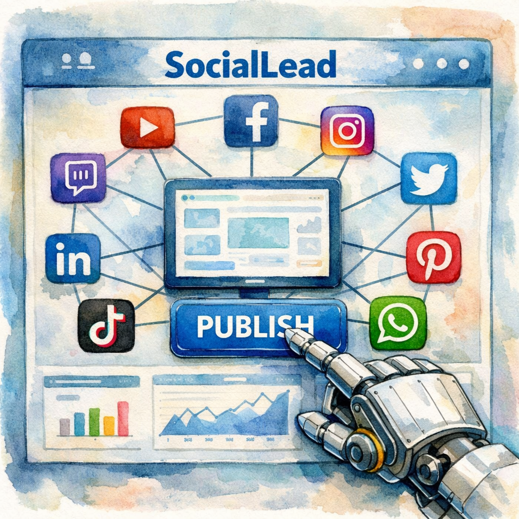 SocialLead dashboard connecting nine social media platforms with one-click publish.
