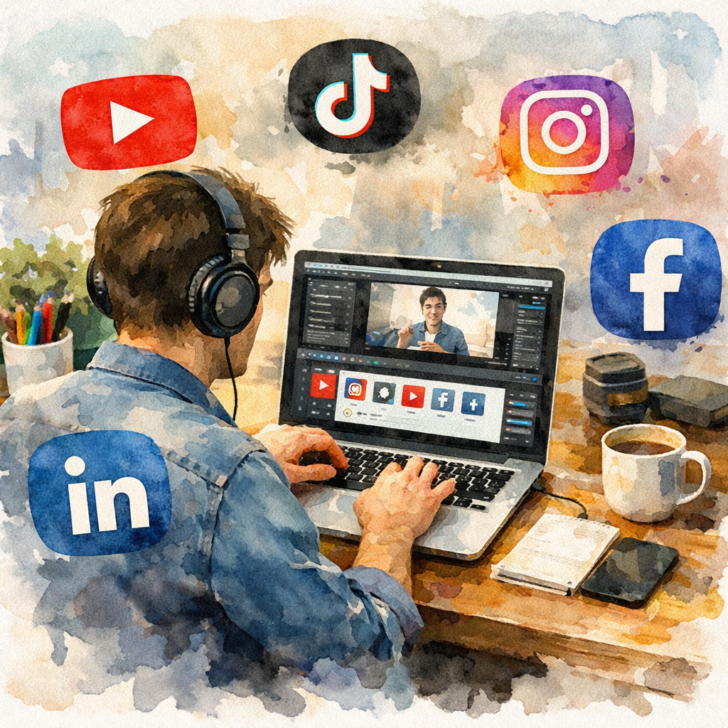 Creator repurposing one video to multiple social platforms using bulk upload tool.
