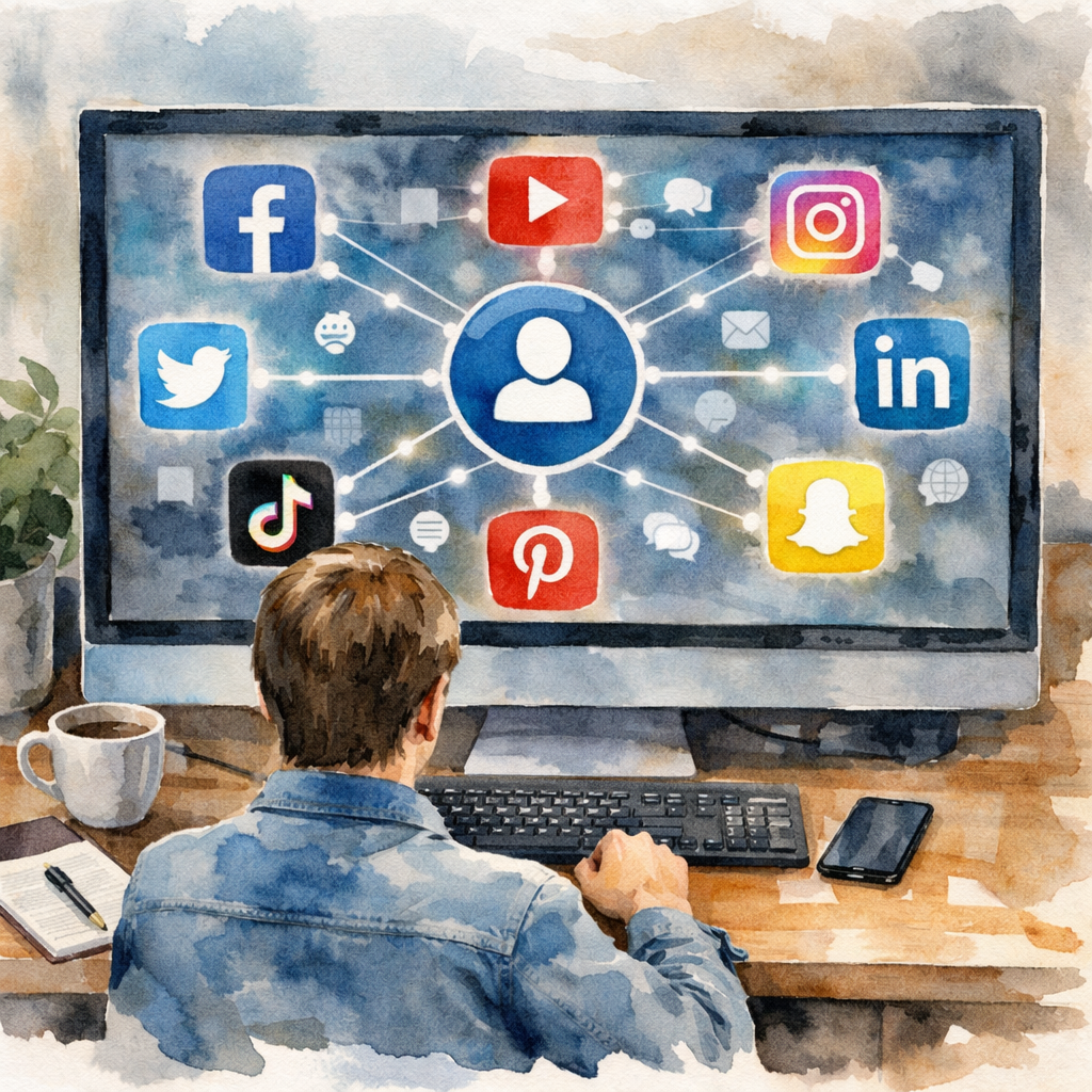 Cross-platform social media dashboard illustration showing connections to various social networks.