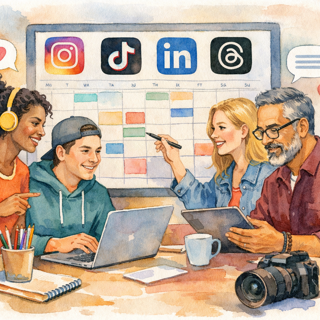 Watercolor illustration of a diverse group of creators using a multi‑platform scheduling dashboard, showing icons of Ins